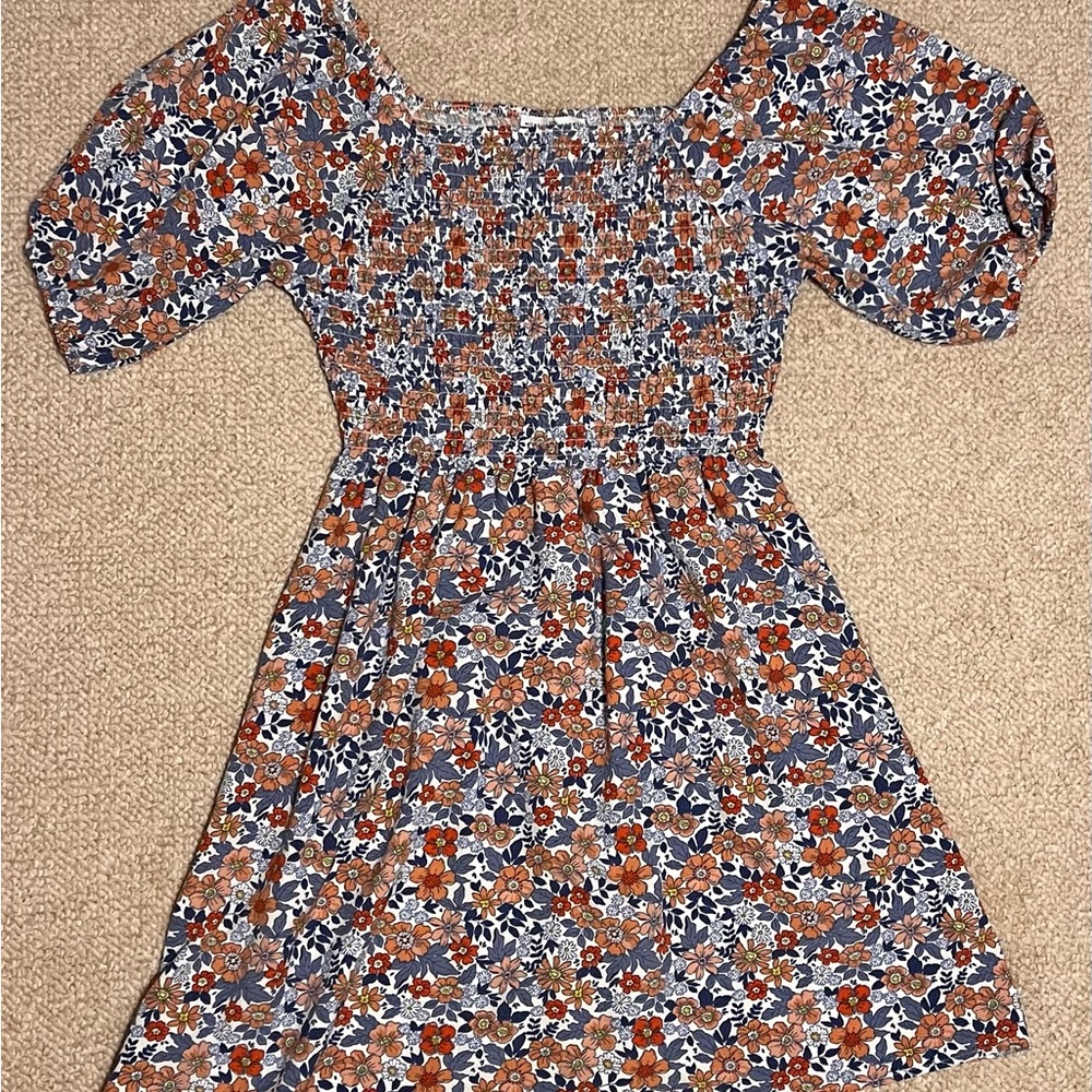 Floral Midi Dress in Blue and Orange